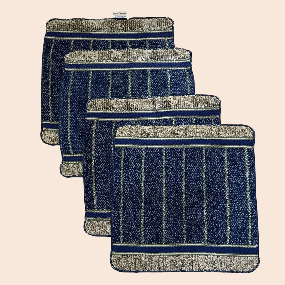 Royal Velvet Fieldcrest Arabesque Indigo Striped 4 Pc Wash Cloths Vintage New